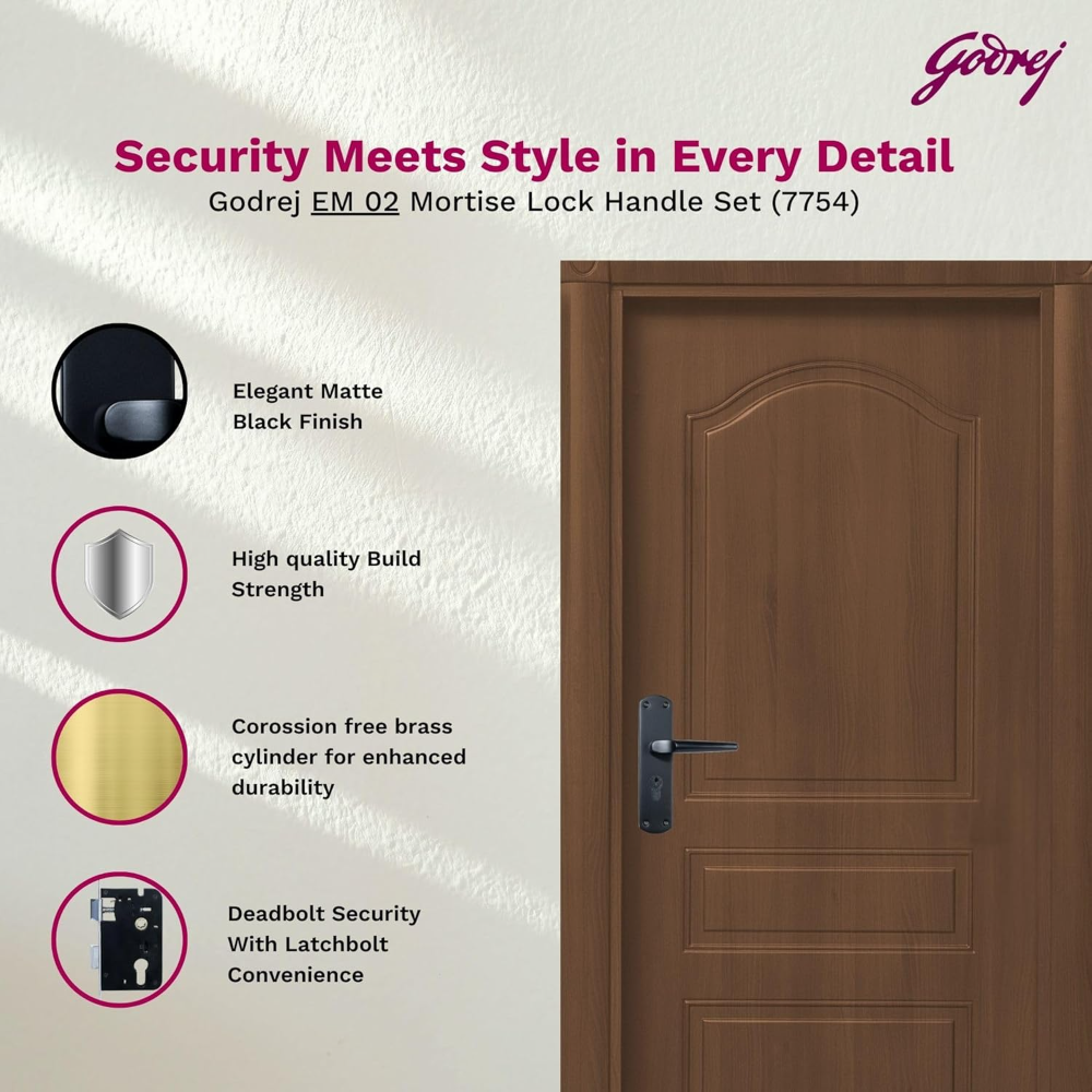 Godrej Mortise Lock I Handle Set 1CK EM01 I Matt Black Finish I 6-Lever Lock I 3 Keys I Double Throw I Left or Right Handed Door Operation I Mortise Lock with Latch for Home | 5 Years Warranty